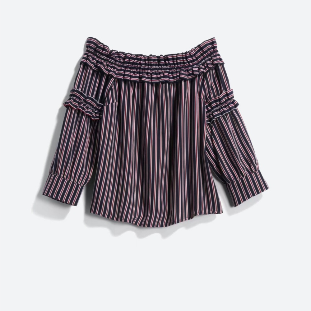 Collective concepts navy blue striped off the shoulder top